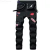 Jeans masculinos rasgados de grife jeans slim fit hip hop elásticos bordados rosas modernos calças jeans pretas azuis L230724