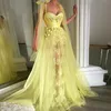 Custom A Line NONE Train New Prom Party Gown Sweetheart Sleeveless Tulle Yellow 3D Floral Appliques Evening Dresses289E