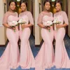 Erröten rosa afrikanische nigerianische Meerjungfrau Brautjungfernkleider mit Ärmeln 2019 transparenter Spitzenhals Plus Size Trauzeugin Hochzeitsgastkleid238t