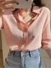 Damenblusen Circyy Bluse Frauen Umlegekragen Büro Dame Rosa Hemd Solide Langarm Casual Einreiher Weiblich Chic Top 2023