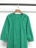 Vestidos casuales Mujer Algodón Suelto Verde Midi Vestido 2023 Verano Señoras Puff Manga de un solo pecho Fit Batas largas con bolsillos