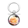 Keychains Lanyards Flowers Lavender Daisy Plumeria Glass Cabochon Keychain Bag Car Key Chain Ring Holder Charms Sier For Men Women G Dhdn6