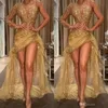 Gold Sexy African Prom Pageant Dresses High Low Lace Appliques One Shoulder Evening Gown Sheer Long Sleeve Formal Wear robes de so215k