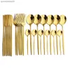 24/16st Gold Tabelleriset Set rostfritt stål Flatvaruvarvattsked Knivgaffel Middagsbidrag Set Western Kitchen Silverware L230704