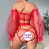 Ensembles de Lingerie à épaules dénudées en maille transparente tenues érotiques nues sans entrejambe sans censure à manches longues Transparent Sissy intime