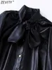 Women's Jackets ZEVITY Women Vintage Bow Collar Black PU Leather Casual Shirt Coat Female Chic Raglan Sleeve Breasted Loose Jacket Tops CT2901 L230724