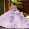 Designer New 2021 Dual Straps Quinceanera Dress Sparkle Sequin Lace Lavender Ball Gown Quince Anos med löstagbara ärmar233o