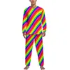 Mäns sömnkläder Rainbow randiga pyjamas vertikala linjer manlig långärmad mode pyjama sätter 2 stycken sovrum anpassad födelsedagspresent