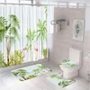 Shower Curtains 4Pcs Tropical Leaves Flamingo Curtain Set With 12 Hooks Non-Slip Rug Toilet Lid Cover Bath Mat Waterproof Bathroom Decor