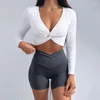 Active Shirts Twist Long Sleeve Crop Top For Women Padded Yoga Sexy Sports Workout Gym Sportswear