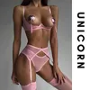 Pink Erotic Lingerie Open Bra Kit Push Up Sexy Sensual Underwear Love Hollow Crotchless Panties Garter Intimate See Through Set 230717