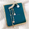 Dingle ljuskrona koreanska modesmycken zirkon simation pärla asymmetrisk stjärna tassel långa örhängen för kvinnor grossist droppleverans