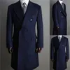 Navy Blue Woolen Mens Long Coat Jacket Winter Groom Double Breasted Wedding Tailored Party Prom Business Blazer Only One Piece2125