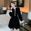 Casual Dresses Male Restoring Ancient Ways Spring Autumn Period 2023 French Lace Stitching Hubble-bubble Sleeve Waist Show Little Black
