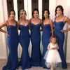 2020 Modest Royal Blue Satin Mermaid Bridesmaid Dresses Spaghetti Straps Ruched Wedding Guest Gowns Maid Of Honor Dress Plus Size2654