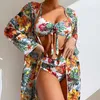 2023 Three Pieces Cover Up High Set Women's Swimwear Print for Fa Bath Suit Tropical Waisted Bikini H230515 H230524
