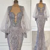 2021 Plus Size Arabic Aso Ebi Mermaid Lace Beaded Prom Dresses Sheer Neck Long Sleeves Evening Formal Party Second Reception Gowns242A