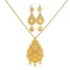 Necklace Earrings Set Arabic Bride Gold Color Pendant For Women Flower Carved Double Combination Design Algerian Wedding Jewelry