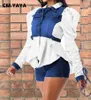 Jaquetas Femininas CM.YAYA Vintage Feminina Drstring Ruched Up Puff Manga Comprida Gola Turn-down Camisa Jeans Blusa Casaco L230724