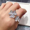 fashion Copper Plated Glossy Clover Open Double Flower Ring Women Rose Gold Stainless Steel Rings For Party Gift Jewelry for women269y