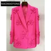 Vrouwen tweedelige broek blazer Fel roze borduurwerk bloem 2023 nieuw ontwerp dubbele borst kantoor set dames mode Koreaanse broek set blazer broek Z230724