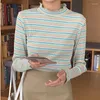 Women's T Shirts Half Turtleneck Striped T-shirt Knitted Women Shirt Spring Clothes Slim Long Sleeve Top Tshirt Korean Style Ladies Tees