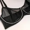 Bras Sets Rhinestone Lingerie For Women Luxury 3-Pieces Mesh Underwear Delicate Fish Bone Garter Belt 2023 Transparent Sexy