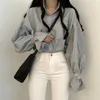 Kvinnors blusar Hanfeng Kvinnors skjorta 2023 Autumn Design Sense Fine Stripe Tryckt Löst blus för enkel laydown Elegant Long Sleeve Top