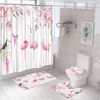 Shower Curtains 4Pcs Tropical Leaves Flamingo Curtain Set With 12 Hooks Non-Slip Rug Toilet Lid Cover Bath Mat Waterproof Bathroom Decor