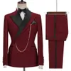 Nieuwe Ontwerp Double Breasted Mannen Pak Met Broek Bourgondië 2 Stuks Slim Fit Hoge Kwaliteit Bruiloft Kostuum Party Prom Blazer Mannelijke Suit242e