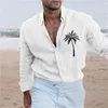 Мужские повседневные рубашки модная рубашка гавайская кокосовое дерево Графическая печать белая розовая темно -синяя одежда с длинным рукавом