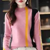 Damenpullover, Merinowollpullover, Damen-Pullover mit halbem Rollkragen, Herbst-/Wintermode, Colorblock-gestreiftes Strick-Bottom-Shirt