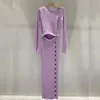 2023 Novo Designer de Vestido Feminino! Vestido longo feminino de tricô roxo claro design francês saia de quadril enrolada