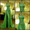 Vert émeraude Split robes de soirée sirène perlée col haut cristal dentelle arabe robes de bal longueur de plancher strass Dubaï Eveni302J