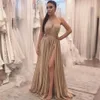 Champagne Sexy Side Split Prom Dresses Simples Halter Floor Length elegante vestidos formais de noite 2020 African Prom Party Vestidos292J