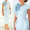 2020 Sky Blue Plus Size Abiti per la madre della sposa Gioiello Collo Maniche ad aletta Lunghezza tè Fiori Abito taglie forti Abiti per ospiti di nozze291z