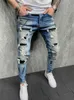 Herren Jeans Skinny Men Painted Stretch Slim Fit Ripped Distressed Plissee Knee Patch Denim Hosen Marke Freizeithose 221123 L230724