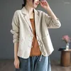 Kvinnors kostymer 2023 Vintage Plate Button Cotton Blazer Women Spring Autumn Coat Long Sleeve Thin Jacka Korean Fashion Tops Rockar Mångsidig