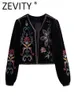 Giacche da donna Zevity Women Vintage Flower Embroidery Cappotto corto stile nazionale Ladies Retro Open Stitching Giacca casual in velluto Top CT100 L230724