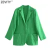 Garnitury damskie Blazers Zevity Fashion Fashion Green Kolor Kołnierz Lniany płaszcz Blazer Płaszcz Kobiety Chic Pockets Business Casual Cardigan Suits Tops CT736 L230724