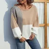 Kadın Sweaters Sonbahar Kış Moda Bandage Patchwork Örgü Kazak Kadınlar Günlük Yuvarlak Yakalama Fener Sleeve Gevşek Külot Bayanlar