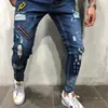 Jeans pour hommes Mélange de coton Skinny Hole Ripped Denim pour hommes Hip Hop Slim Fit Streetwear Patchwork Badge Pantalon crayon bleu en détresse 230721