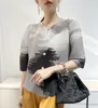 2023 New Luxury ISSEY New Product Pleated Top Women's Printed Coat Middle Sleeve Casual Single breasted T-shirt