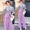 Kvinnors tvåbitar byxor Kontor Lady Clothing Set Women Summer Spring Colorful Floral Print Spliced ​​Bows Shirts Blus Tops and Party Suits