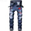 Jeans masculinos rasgados de grife jeans slim fit hip hop elásticos bordados rosas modernos calças jeans pretas azuis L230724