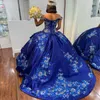 Luxe Scintillant Bleu Hors Épaule Quinceanera Robes Applique Dentelle Cristal Robes De 15 Anos Fête D'anniversaire Corset Robe De Bal