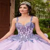 Designer Novo Vestido Quinceanera Alças Duplas 2021 Brilhante Lantejoulas Renda Lavanda Vestido de Baile Marmelo Anos Com Mangas Destacáveis233O