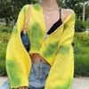 Malhas femininas outono 2023 cardigãs para mulheres suéteres tie dye vintage amarelo verde jumper feminino Y2K moda colheita top cardigã de malha