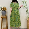 Sıradan Elbiseler Pamuk ve Keten Hafif Baskılı Kadınlar Uzun Etek 2023 Yaz Kısa Kollu Yuvarlak Yuvarlak Boyun Çizme Bel Sanatı Elbise