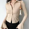 Blouses Polo Lapel Single-breasted Flared Collar Solid Sleeve Shirt Five-color Women's Slim Long-sleeve Casual Streetwear Top